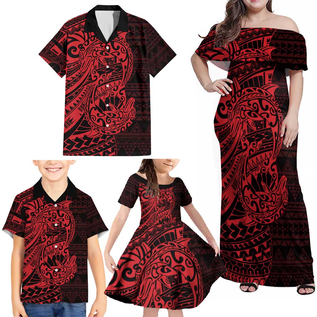 Red Couple Dolphins Maori Polynesian Style Family Matching Off Shoulder Maxi Dress and Hawaiian Shirt LT9 - Polynesian Pride