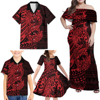 Red Couple Dolphins Maori Polynesian Style Family Matching Off Shoulder Maxi Dress and Hawaiian Shirt LT9 - Polynesian Pride
