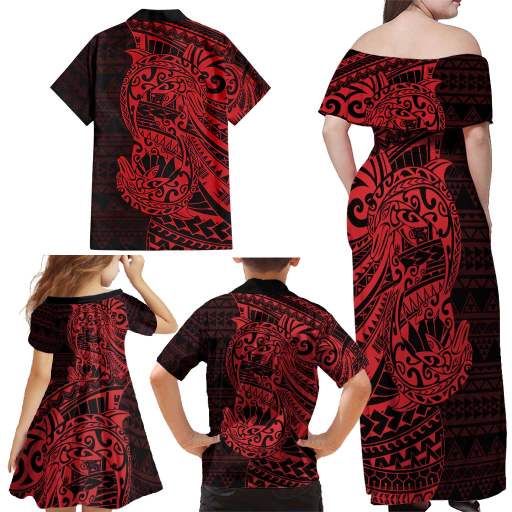 Red Couple Dolphins Maori Polynesian Style Family Matching Off Shoulder Maxi Dress and Hawaiian Shirt LT9 - Polynesian Pride