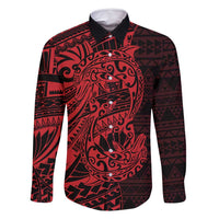 Red Couple Dolphins Maori Polynesian Style Family Matching Off Shoulder Maxi Dress and Hawaiian Shirt LT9 Dad's Shirt - Long Sleeve Red - Polynesian Pride