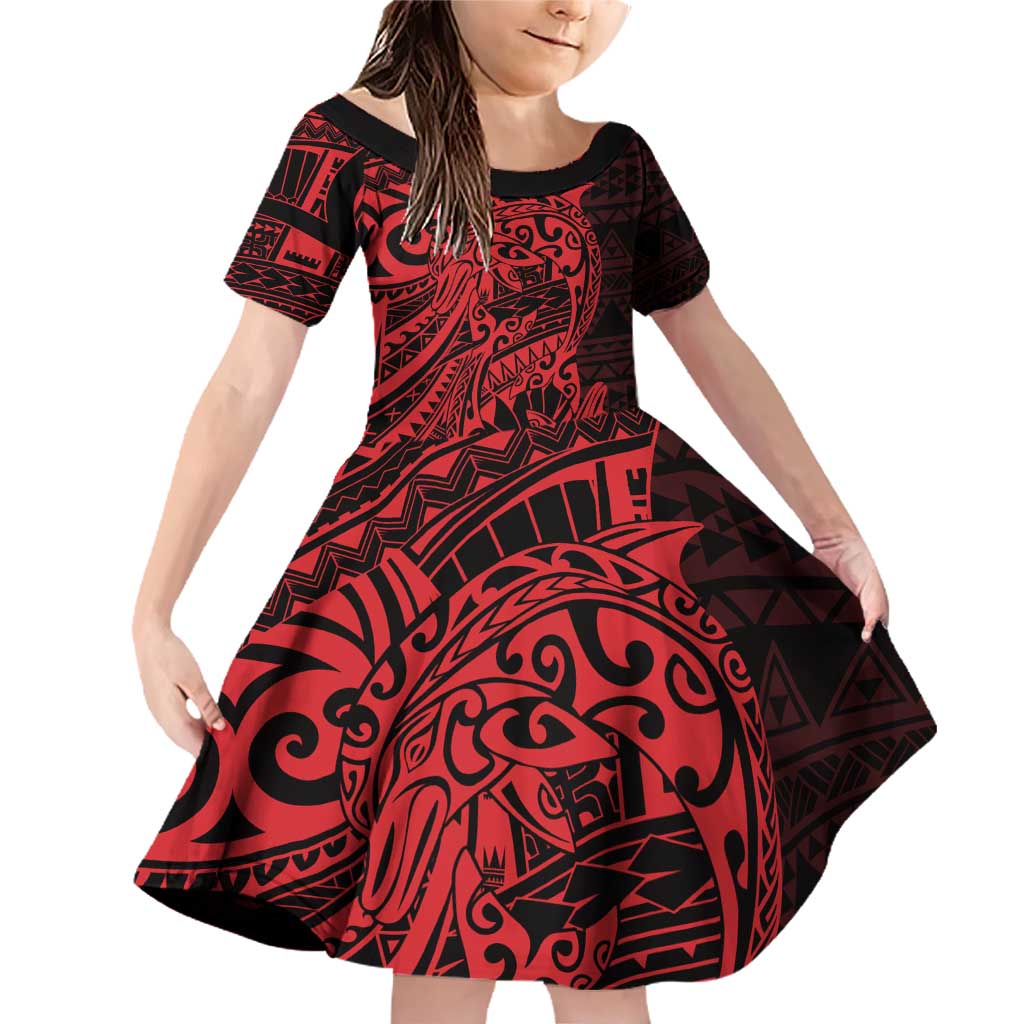 Red Couple Dolphins Maori Polynesian Style Family Matching Off Shoulder Short Dress and Hawaiian Shirt LT9 Daughter's Dress Red - Polynesian Pride