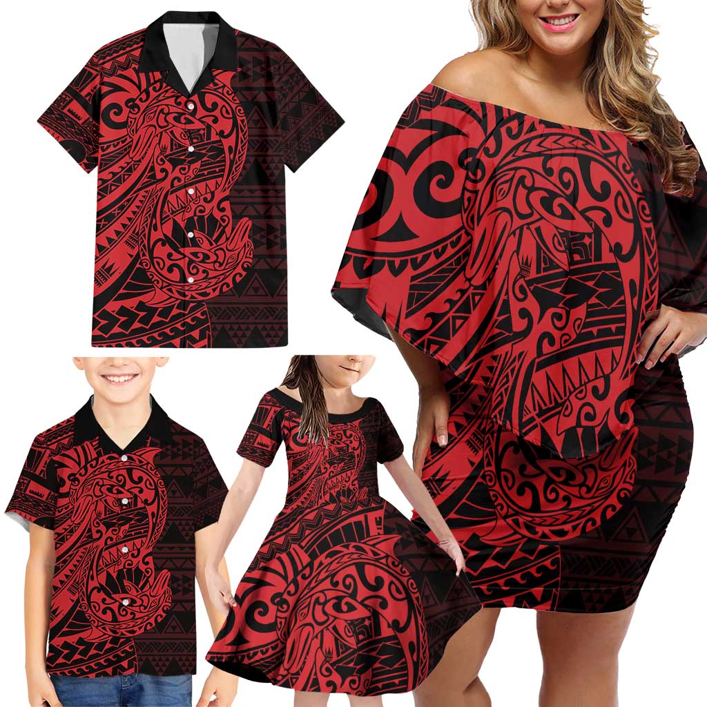 Red Couple Dolphins Maori Polynesian Style Family Matching Off Shoulder Short Dress and Hawaiian Shirt LT9 - Polynesian Pride