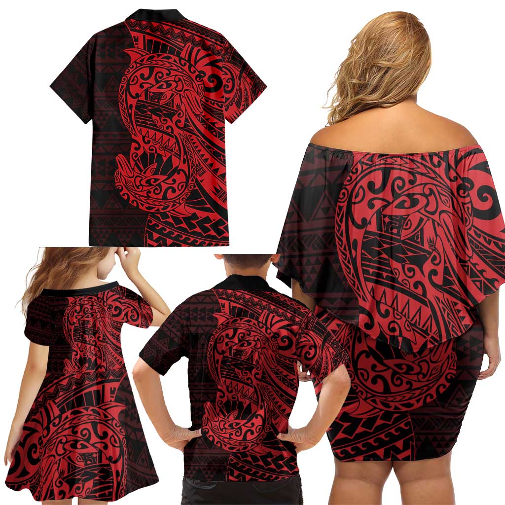 Red Couple Dolphins Maori Polynesian Style Family Matching Off Shoulder Short Dress and Hawaiian Shirt LT9 - Polynesian Pride