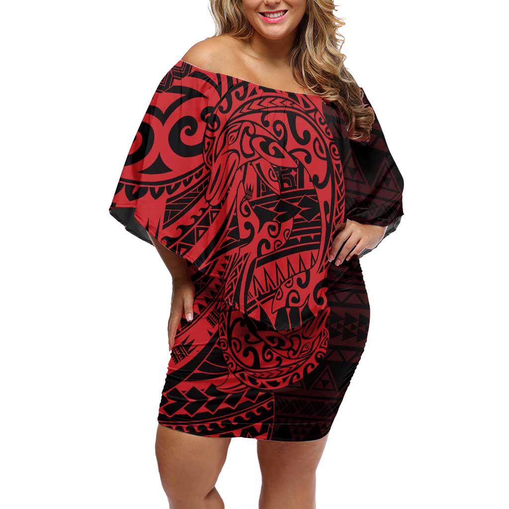 Red Couple Dolphins Maori Polynesian Style Family Matching Off Shoulder Short Dress and Hawaiian Shirt LT9 Mom's Dress Red - Polynesian Pride