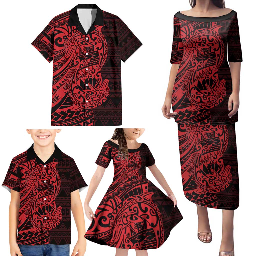 Red Couple Dolphins Maori Polynesian Style Family Matching Puletasi and Hawaiian Shirt LT9 - Polynesian Pride