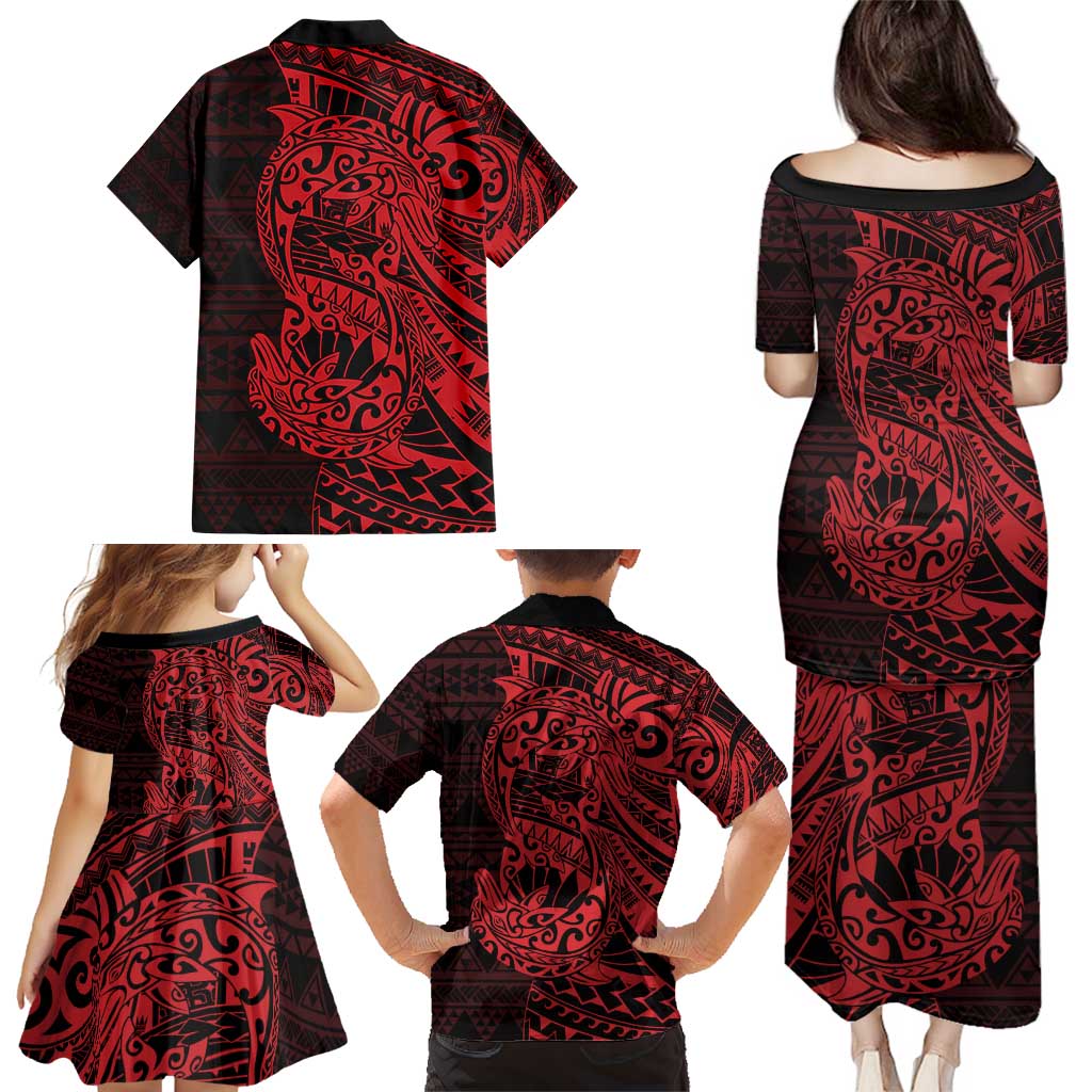 Red Couple Dolphins Maori Polynesian Style Family Matching Puletasi and Hawaiian Shirt LT9 - Polynesian Pride
