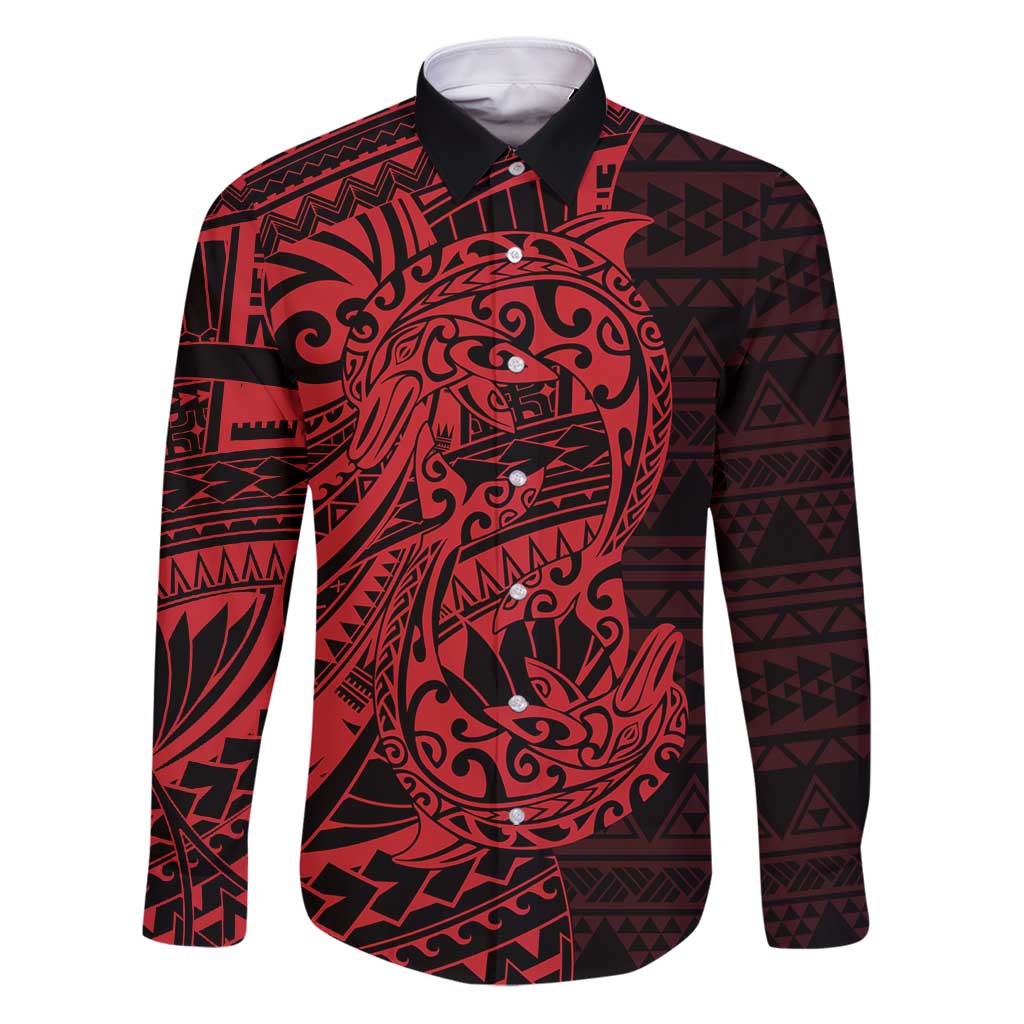 Red Couple Dolphins Maori Polynesian Style Family Matching Puletasi and Hawaiian Shirt LT9 Dad's Shirt - Long Sleeve Red - Polynesian Pride