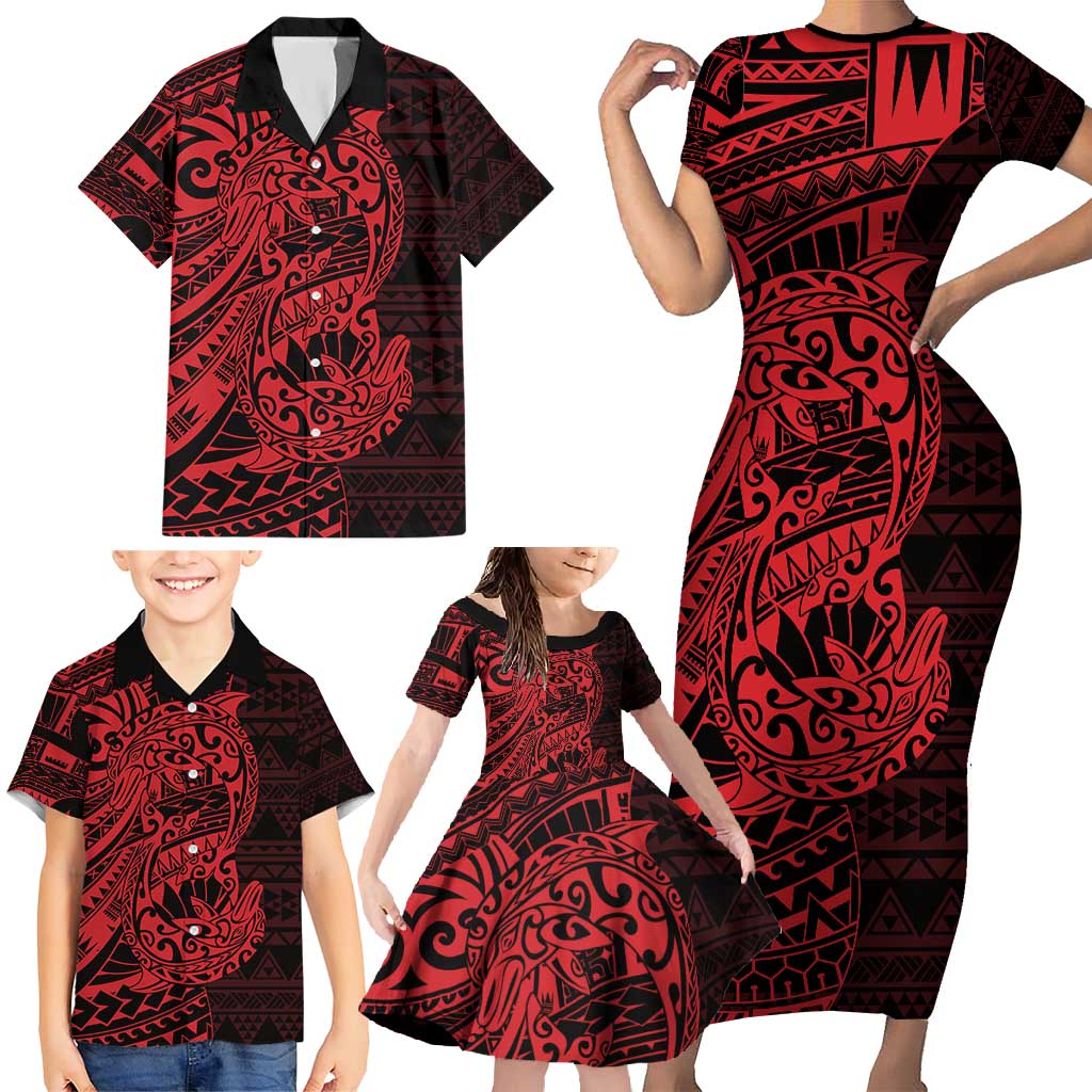 Red Couple Dolphins Maori Polynesian Style Family Matching Short Sleeve Bodycon Dress and Hawaiian Shirt LT9 - Polynesian Pride
