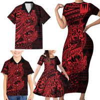 Red Couple Dolphins Maori Polynesian Style Family Matching Short Sleeve Bodycon Dress and Hawaiian Shirt LT9 - Polynesian Pride