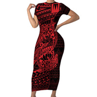 Red Couple Dolphins Maori Polynesian Style Family Matching Short Sleeve Bodycon Dress and Hawaiian Shirt LT9 Mom's Dress Red - Polynesian Pride