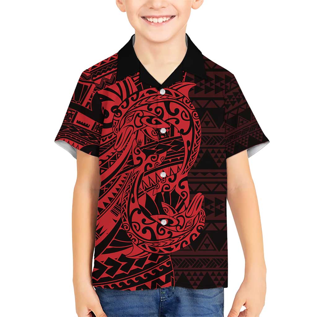 Red Couple Dolphins Maori Polynesian Style Family Matching Short Sleeve Bodycon Dress and Hawaiian Shirt LT9 Son's Shirt Red - Polynesian Pride