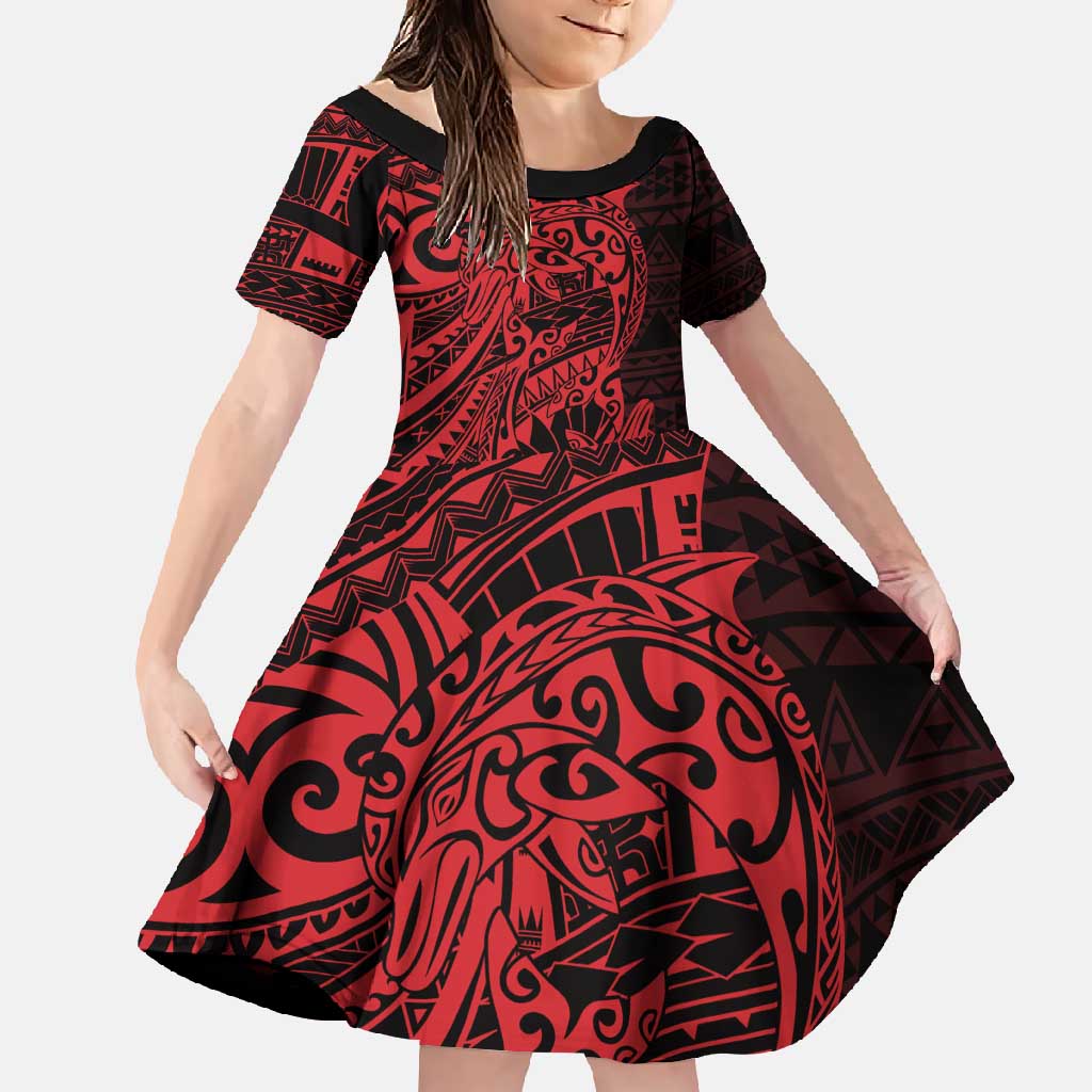 Red Couple Dolphins Maori Polynesian Style Family Matching Summer Maxi Dress and Hawaiian Shirt LT9 Daughter's Dress Red - Polynesian Pride