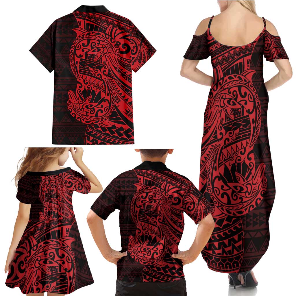 Red Couple Dolphins Maori Polynesian Style Family Matching Summer Maxi Dress and Hawaiian Shirt LT9 - Polynesian Pride