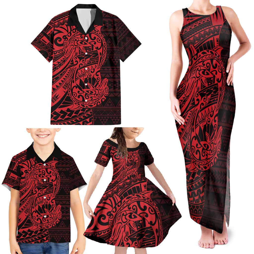 Red Couple Dolphins Maori Polynesian Style Family Matching Tank Maxi Dress and Hawaiian Shirt LT9 - Polynesian Pride