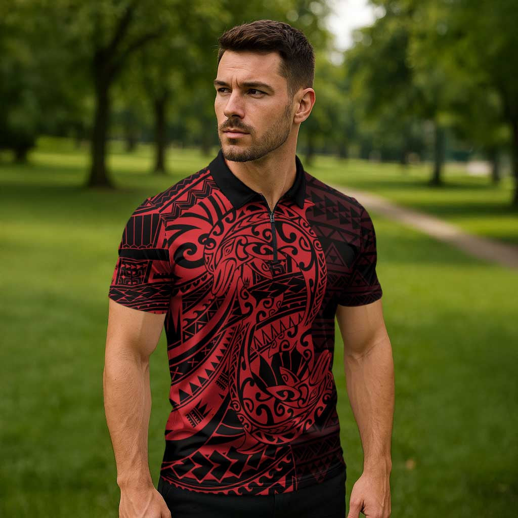 Red Couple Dolphins Maori Polynesian Style Zipper Polo Shirt - Polynesian Pride