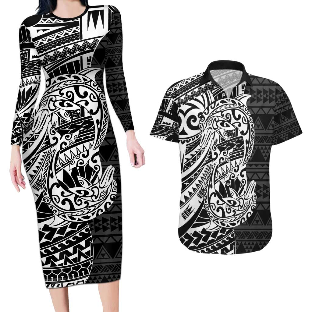 White Couple Dolphins Maori Polynesian Style Couples Matching Long Sleeve Bodycon Dress and Hawaiian Shirt LT9 White - Polynesian Pride