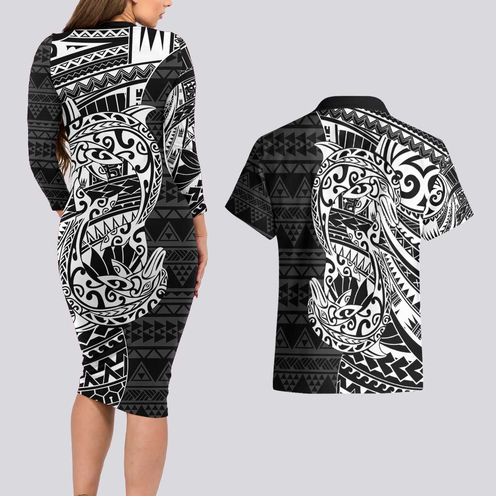 White Couple Dolphins Maori Polynesian Style Couples Matching Long Sleeve Bodycon Dress and Hawaiian Shirt LT9 - Polynesian Pride
