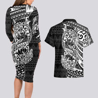 White Couple Dolphins Maori Polynesian Style Couples Matching Long Sleeve Bodycon Dress and Hawaiian Shirt LT9 - Polynesian Pride