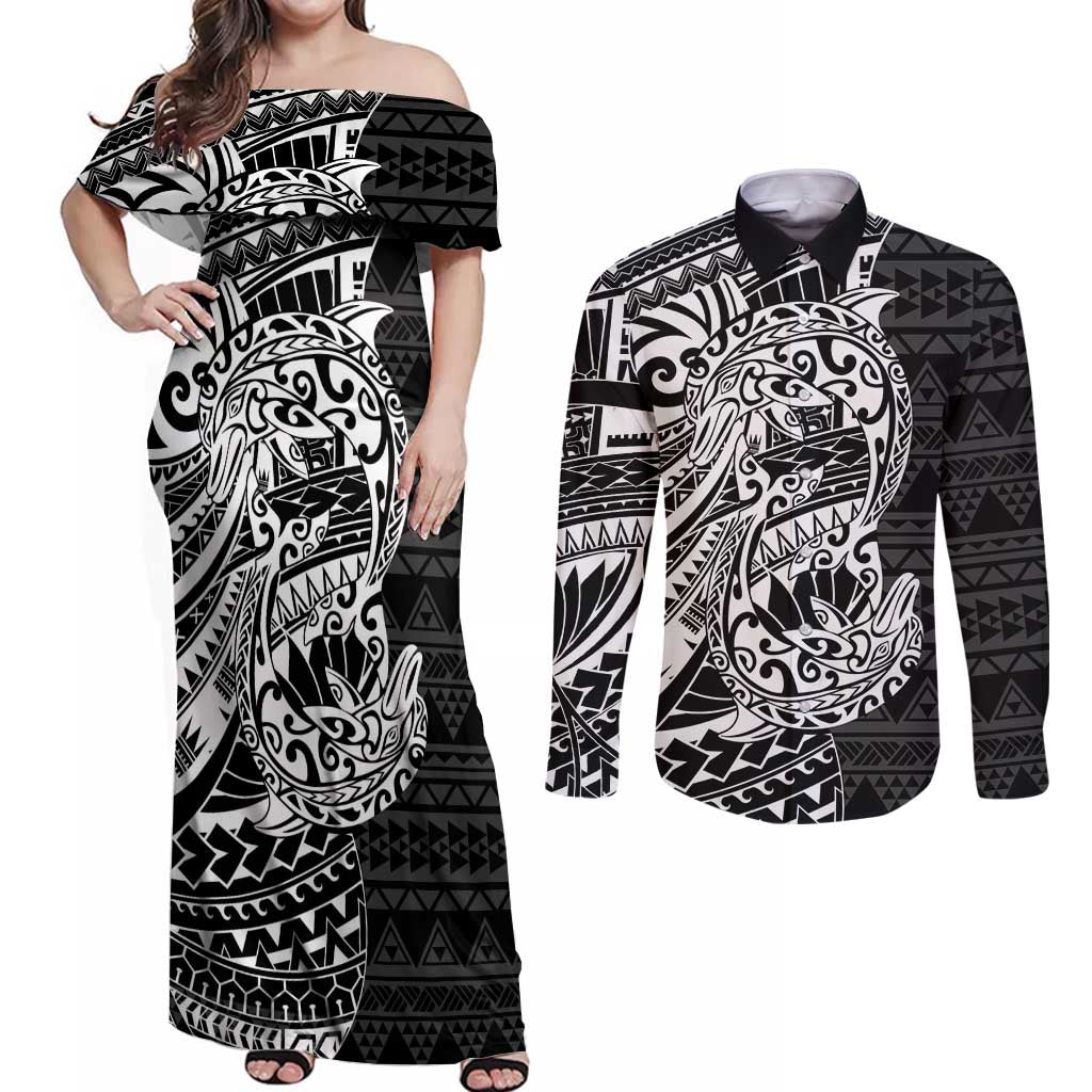 White Couple Dolphins Maori Polynesian Style Couples Matching Off Shoulder Maxi Dress and Long Sleeve Button Shirt LT9 White - Polynesian Pride