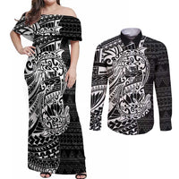 White Couple Dolphins Maori Polynesian Style Couples Matching Off Shoulder Maxi Dress and Long Sleeve Button Shirt LT9 White - Polynesian Pride