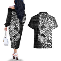 White Couple Dolphins Maori Polynesian Style Couples Matching Off The Shoulder Long Sleeve Dress and Hawaiian Shirt LT9 - Polynesian Pride
