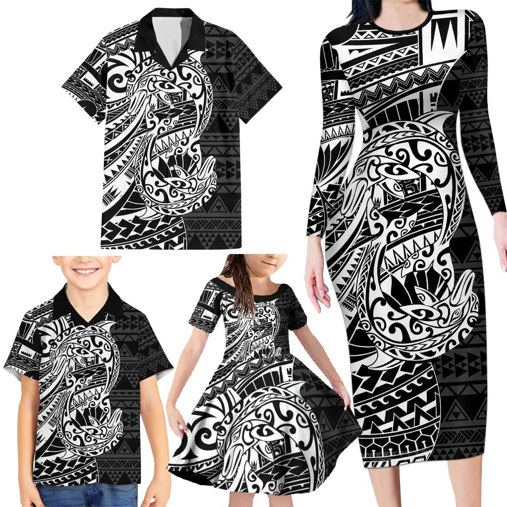 White Couple Dolphins Maori Polynesian Style Family Matching Long Sleeve Bodycon Dress and Hawaiian Shirt LT9 - Polynesian Pride