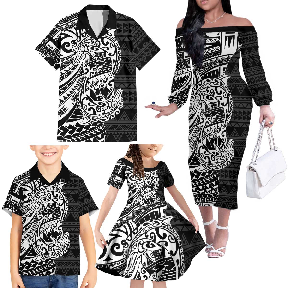 White Couple Dolphins Maori Polynesian Style Family Matching Off The Shoulder Long Sleeve Dress and Hawaiian Shirt LT9 - Polynesian Pride