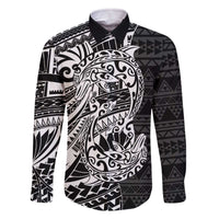 White Couple Dolphins Maori Polynesian Style Family Matching Off The Shoulder Long Sleeve Dress and Hawaiian Shirt LT9 Dad's Shirt - Long Sleeve White - Polynesian Pride