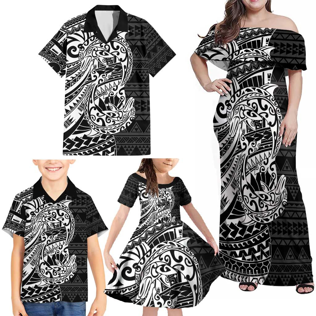 White Couple Dolphins Maori Polynesian Style Family Matching Off Shoulder Maxi Dress and Hawaiian Shirt LT9 - Polynesian Pride