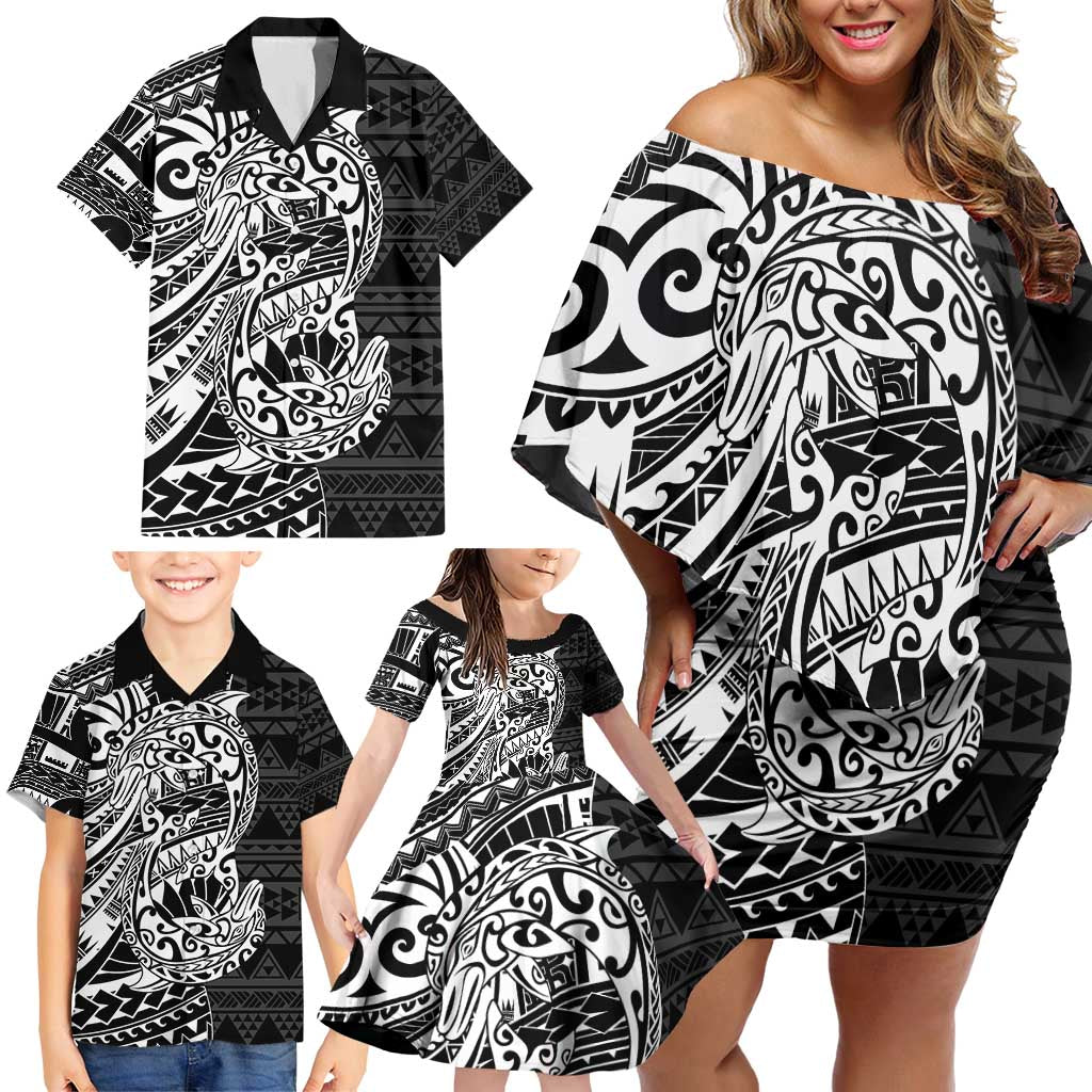 White Couple Dolphins Maori Polynesian Style Family Matching Off Shoulder Short Dress and Hawaiian Shirt LT9 - Polynesian Pride