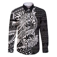 White Couple Dolphins Maori Polynesian Style Family Matching Off Shoulder Short Dress and Hawaiian Shirt LT9 Dad's Shirt - Long Sleeve White - Polynesian Pride