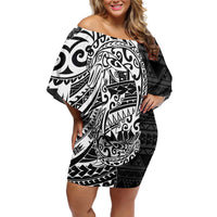 White Couple Dolphins Maori Polynesian Style Family Matching Off Shoulder Short Dress and Hawaiian Shirt LT9 Mom's Dress White - Polynesian Pride