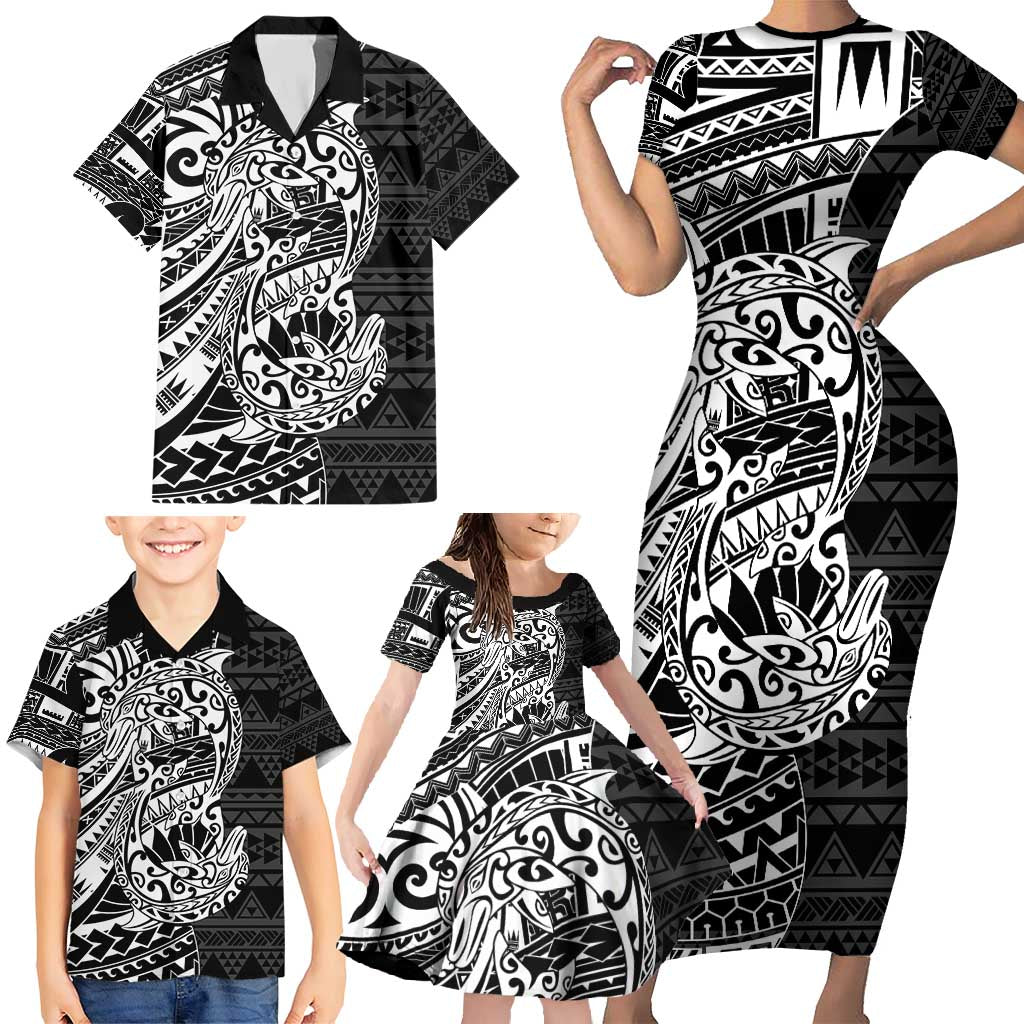 White Couple Dolphins Maori Polynesian Style Family Matching Short Sleeve Bodycon Dress and Hawaiian Shirt LT9 - Polynesian Pride