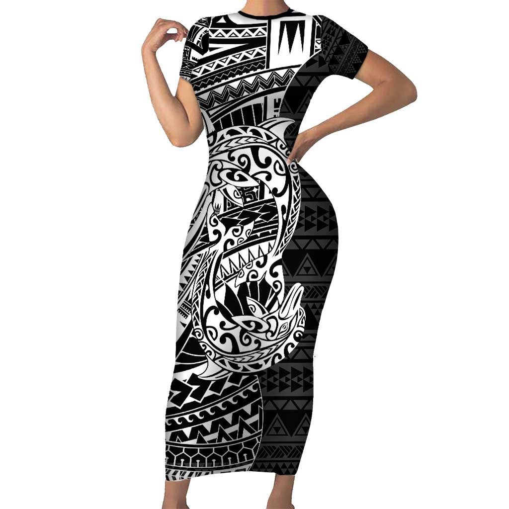 White Couple Dolphins Maori Polynesian Style Family Matching Short Sleeve Bodycon Dress and Hawaiian Shirt LT9 Mom's Dress White - Polynesian Pride