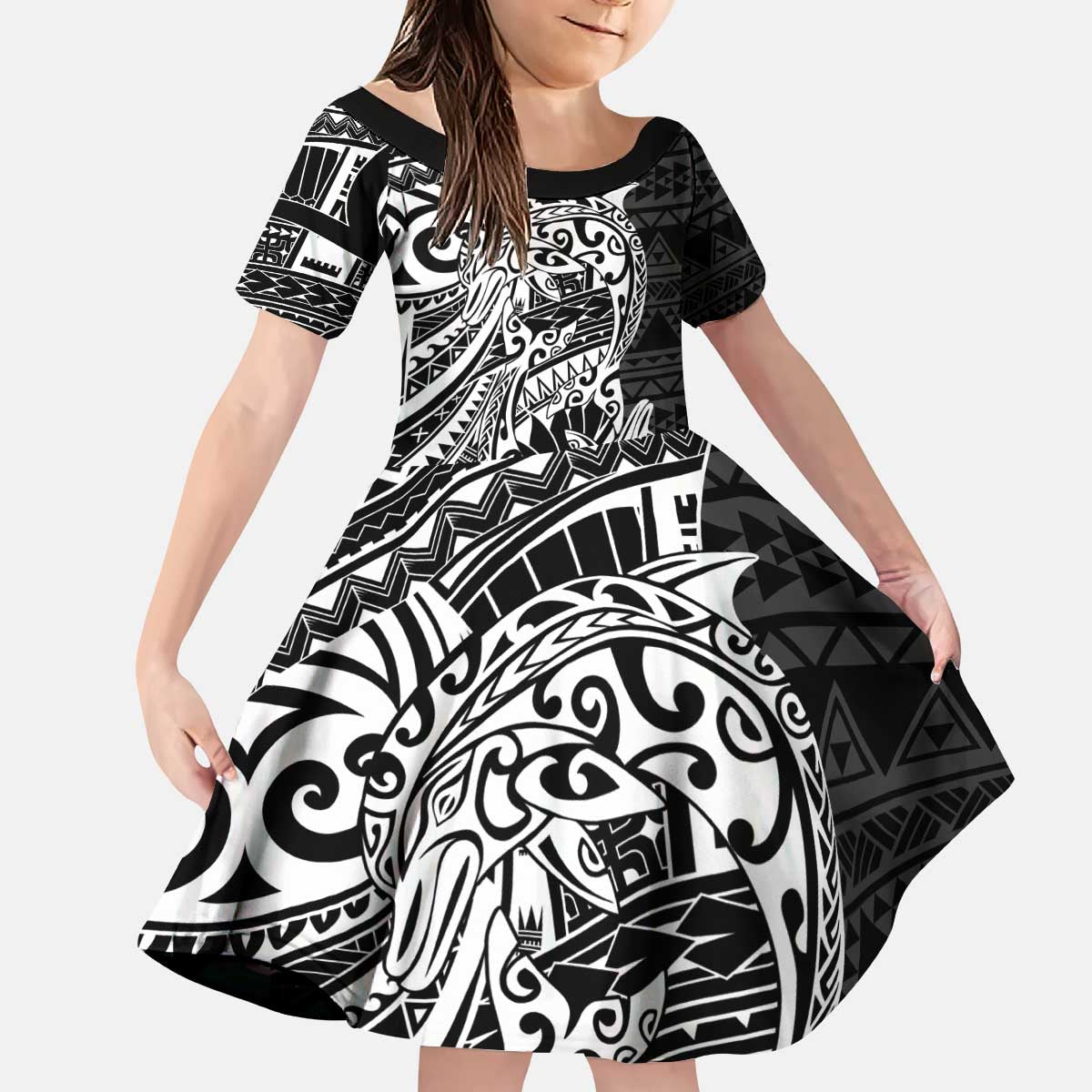 White Couple Dolphins Maori Polynesian Style Kid Short Sleeve Dress LT9 KID White - Polynesian Pride