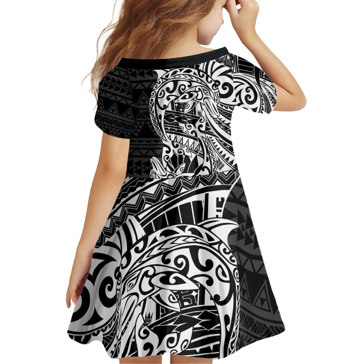 White Couple Dolphins Maori Polynesian Style Kid Short Sleeve Dress LT9 - Polynesian Pride