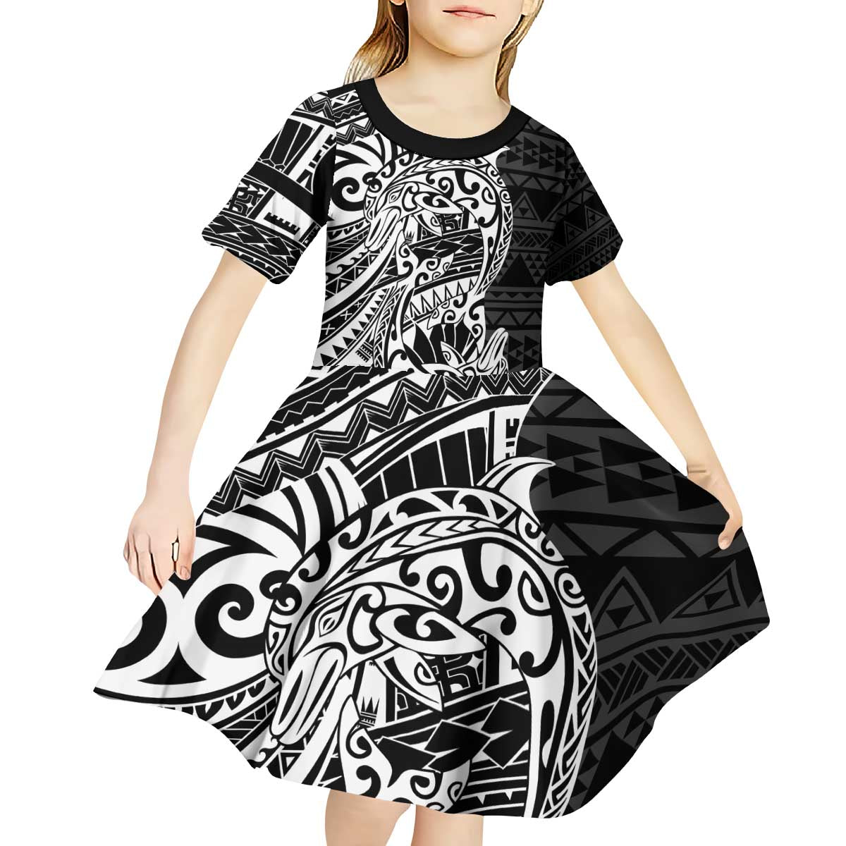 White Couple Dolphins Maori Polynesian Style Kid Short Sleeve Dress LT9 - Polynesian Pride