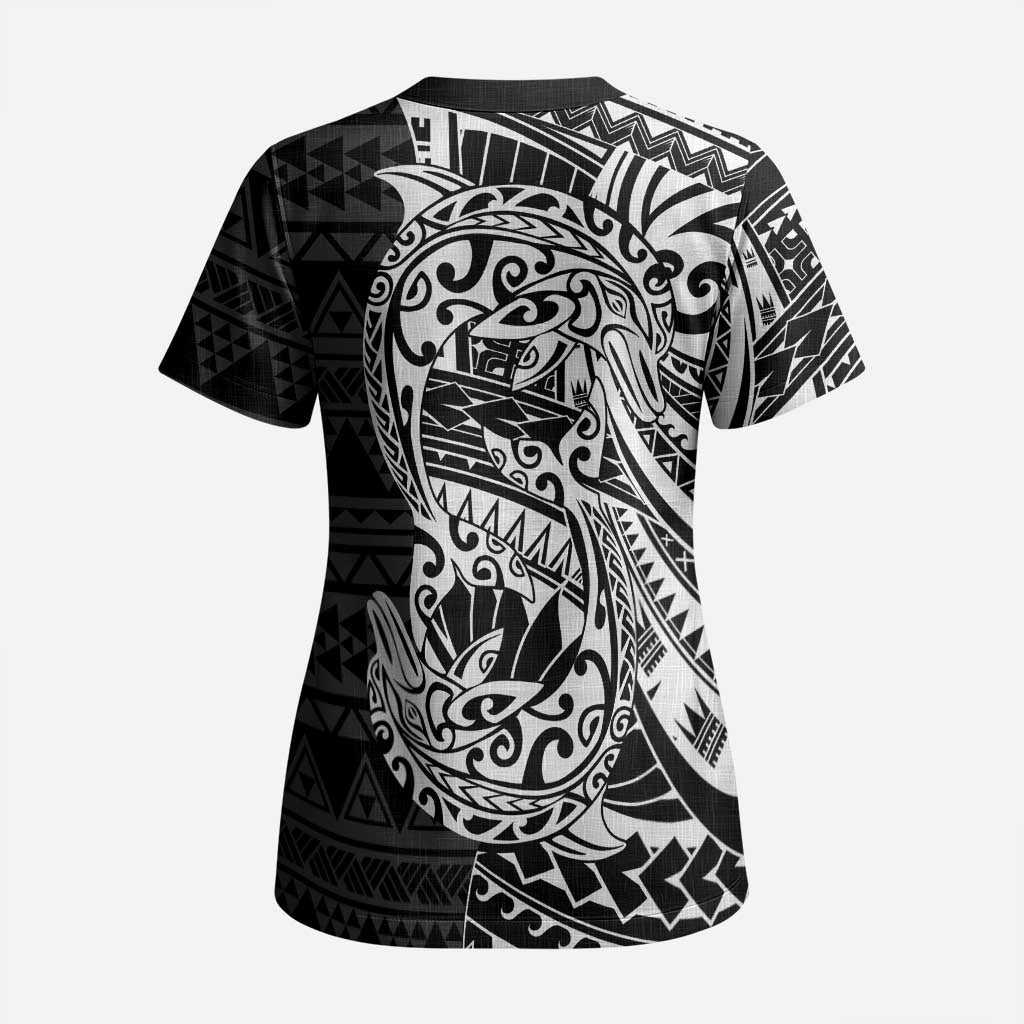 White Couple Dolphins Maori Polynesian Style Scrub Top - Polynesian Pride