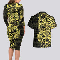 Yellow Couple Dolphins Maori Polynesian Style Couples Matching Long Sleeve Bodycon Dress and Hawaiian Shirt LT9 - Polynesian Pride
