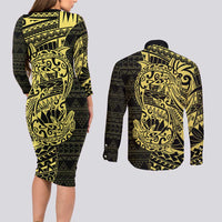 Yellow Couple Dolphins Maori Polynesian Style Couples Matching Long Sleeve Bodycon Dress and Long Sleeve Button Shirt LT9 - Polynesian Pride