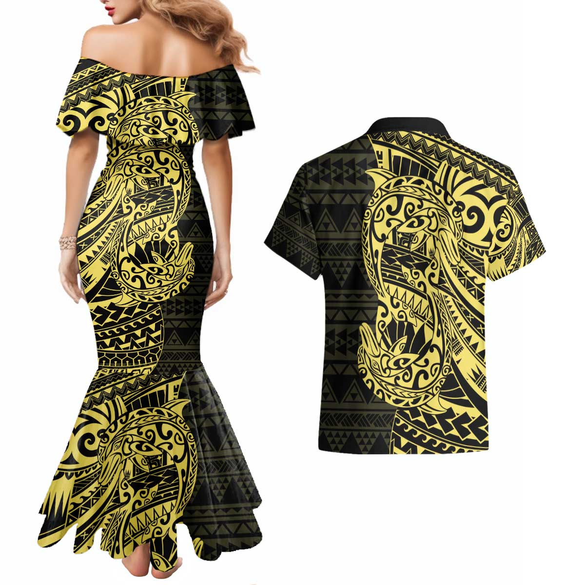 Yellow Couple Dolphins Maori Polynesian Style Couples Matching Mermaid Dress and Hawaiian Shirt LT9 - Polynesian Pride