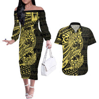 Yellow Couple Dolphins Maori Polynesian Style Couples Matching Off The Shoulder Long Sleeve Dress and Hawaiian Shirt LT9 Yellow - Polynesian Pride