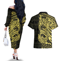 Yellow Couple Dolphins Maori Polynesian Style Couples Matching Off The Shoulder Long Sleeve Dress and Hawaiian Shirt LT9 - Polynesian Pride