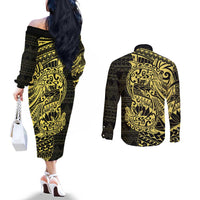 Yellow Couple Dolphins Maori Polynesian Style Couples Matching Off The Shoulder Long Sleeve Dress and Long Sleeve Button Shirt LT9 - Polynesian Pride