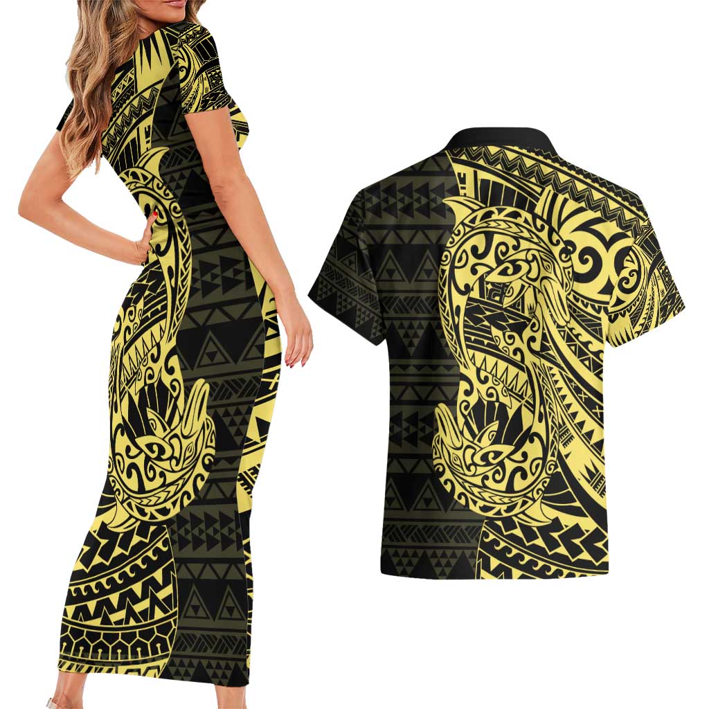 Yellow Couple Dolphins Maori Polynesian Style Couples Matching Short Sleeve Bodycon Dress and Hawaiian Shirt LT9 - Polynesian Pride