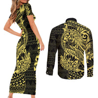 Yellow Couple Dolphins Maori Polynesian Style Couples Matching Short Sleeve Bodycon Dress and Long Sleeve Button Shirt LT9 - Polynesian Pride
