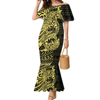 Yellow Couple Dolphins Maori Polynesian Style Family Matching Mermaid Dress and Hawaiian Shirt LT9 Mom's Dress Yellow - Polynesian Pride