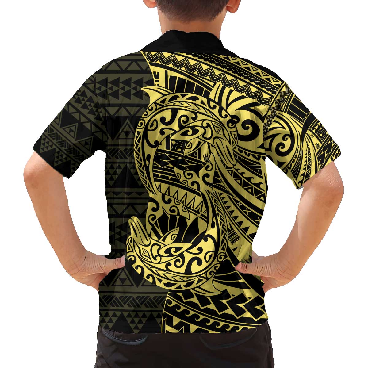 Yellow Couple Dolphins Maori Polynesian Style Family Matching Off The Shoulder Long Sleeve Dress and Hawaiian Shirt LT9 - Polynesian Pride