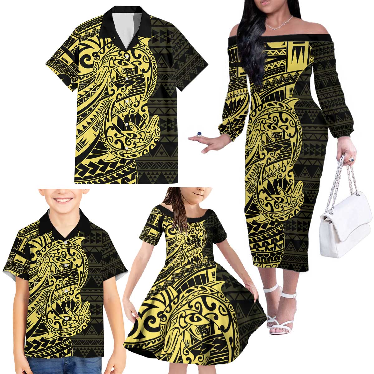 Yellow Couple Dolphins Maori Polynesian Style Family Matching Off The Shoulder Long Sleeve Dress and Hawaiian Shirt LT9 - Polynesian Pride