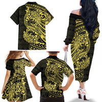 Yellow Couple Dolphins Maori Polynesian Style Family Matching Off The Shoulder Long Sleeve Dress and Hawaiian Shirt LT9 - Polynesian Pride